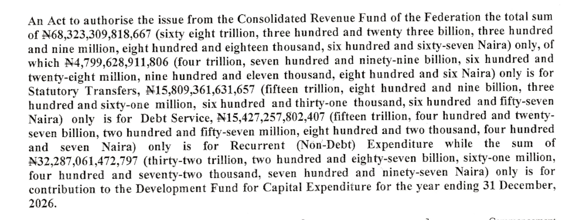 Document: the long title and section 1 of the signed 2026 Appropriation Act, giving the total as N68,323,309,818,667 with its four component heads