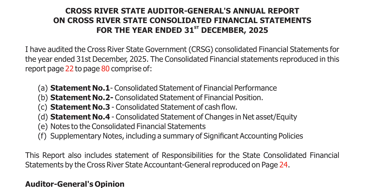 Document: the Auditor-General’s certificate on Cross River’s 2025 accounts, stating that the financial statements are reproduced in the report from page 22 to page 80