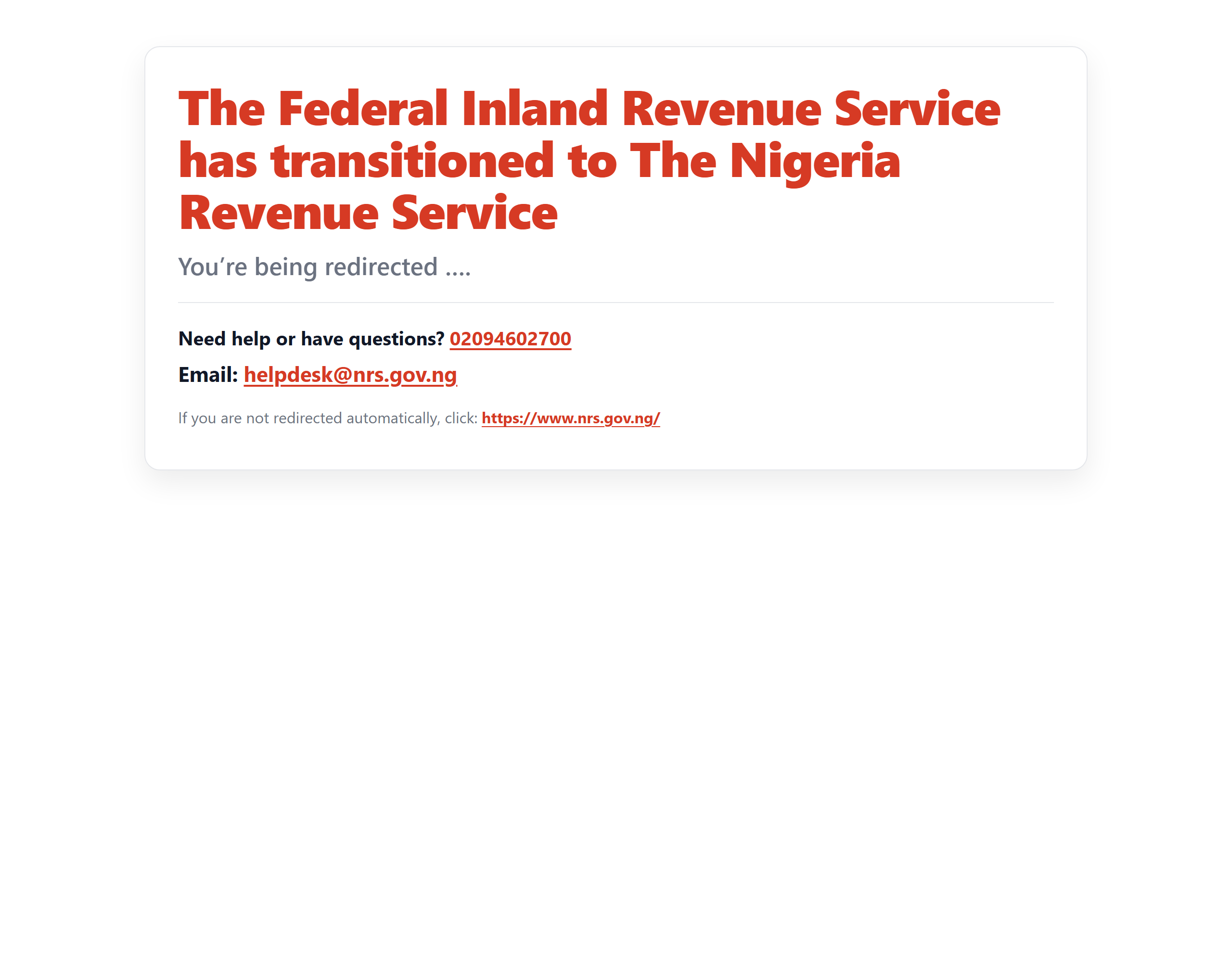 Document: the last archived capture of firs.gov.ng, showing the transition notice the domain served before it stopped answering altogether