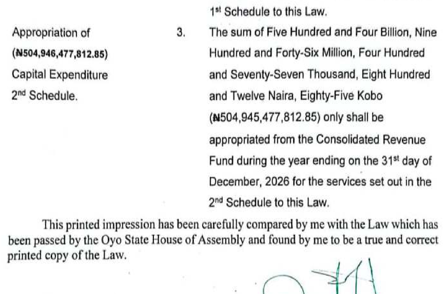 Document: section 3 of the Oyo State Appropriation Law 2026, stating Nine Hundred and Forty-Six Million in words against 945,477,812.85 in figures