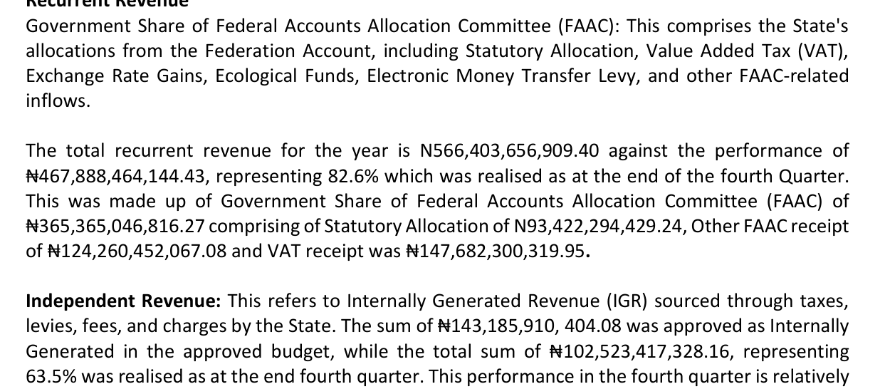 Document: the revenue performance section of Oyo State’s fourth-quarter 2025 budget performance report, recording internally generated revenue realised at 63.5 per cent of the approved figure