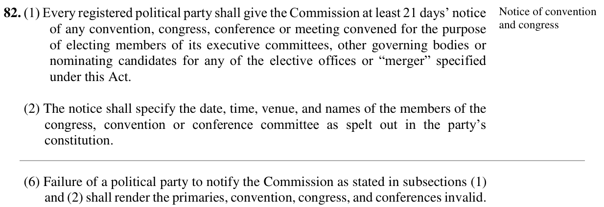 Electoral Act 2026, section 82(1): every registered political party shall give the Commission at least 21 days' notice of any meeting for nominating candidates; 82(2): the notice shall specify date, time, venue and committee members; 82(6): failure to notify shall render the primaries invalid