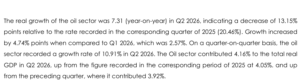 NBS GDP report Q2 2026: real growth of the oil sector 7.31 year on year in Q2 2026 and 2.57% in Q1 2026; oil sector contributed 4.16% of real GDP