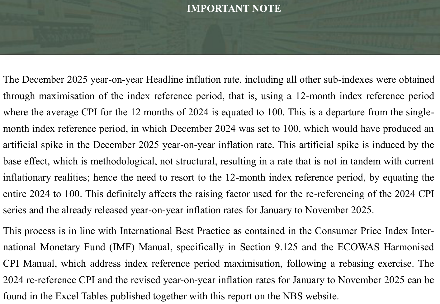 NBS CPI December 2025 Important Note: average CPI for 2024 set to 100, which affects the re-referencing of the 2024 series and the already released year-on-year inflation rates for January to November 2025