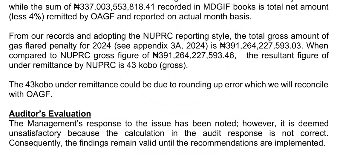 MDGIF management response putting 2024 gross gas flare penalties at N391,264,227,593.03 against NUPRC's N391,264,227,593.46, an under-remittance of 43 kobo, and the auditor's evaluation that the calculation is not correct
