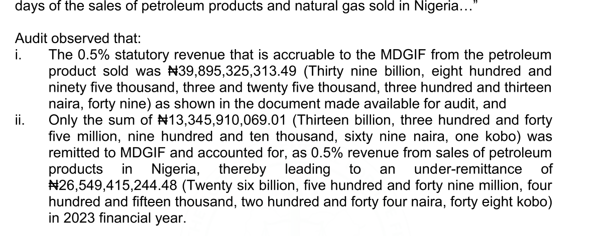 Audit finding that N39,895,325,313.49 of the 0.5% levy was due to the MDGIF and N13,345,910,069.01 remitted, an under-remittance of N26,549,415,244.48 in the 2023 financial year
