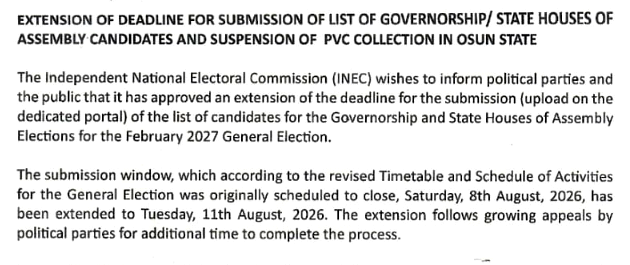 INEC release of 8 August 2026: the window for governorship and State Houses of Assembly candidate lists for February 2027, due to close Saturday 8 August 2026, extended to Tuesday 11 August 2026