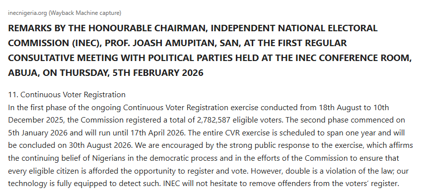 Chairman's remarks of 5 February 2026: 2,782,587 registered in phase one; INEC will remove offenders from the register