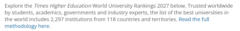 The introduction to the 2027 table, saying it includes 2,297 institutions from 118 countries and territories
