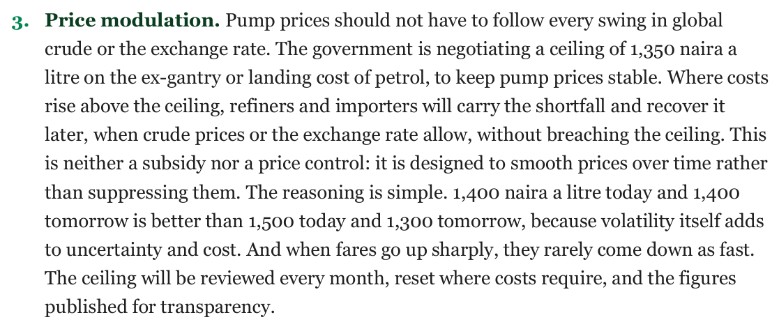 Finance Ministry speech, step 3, price modulation: the government is negotiating a ceiling of 1,350 naira a litre on the ex-gantry or landing cost of petrol; refiners and importers will carry the shortfall and recover it later without breaching the ceiling; neither a subsidy nor a price control; reviewed every month