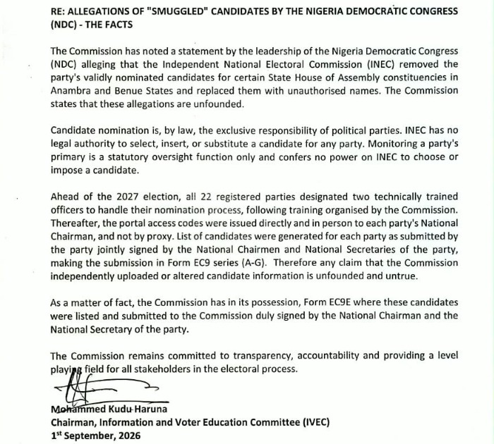 INEC release of 1 September 2026 calling the NDC's allegations about State House of Assembly constituencies in Anambra and Benue unfounded, saying INEC has no legal authority to select, insert or substitute a candidate and that it holds Form EC9E signed by the party's National Chairman and National Secretary