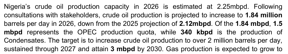 MTEF 2026-2028 text: crude oil production is projected at 1.84 million barrels per day in 2026; of the 1.84 mbpd, 1.5 mbpd is the OPEC quota and 340 kbpd is condensates