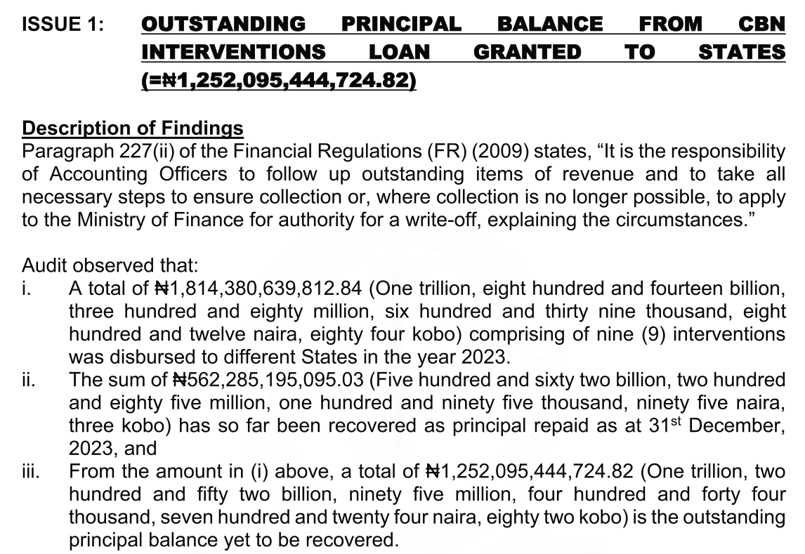 Issue 1 of the CBN audit: N1,814,380,639,812.84 disbursed to states in nine interventions, N562,285,195,095.03 repaid by 31 December 2023 and N1,252,095,444,724.82 outstanding principal