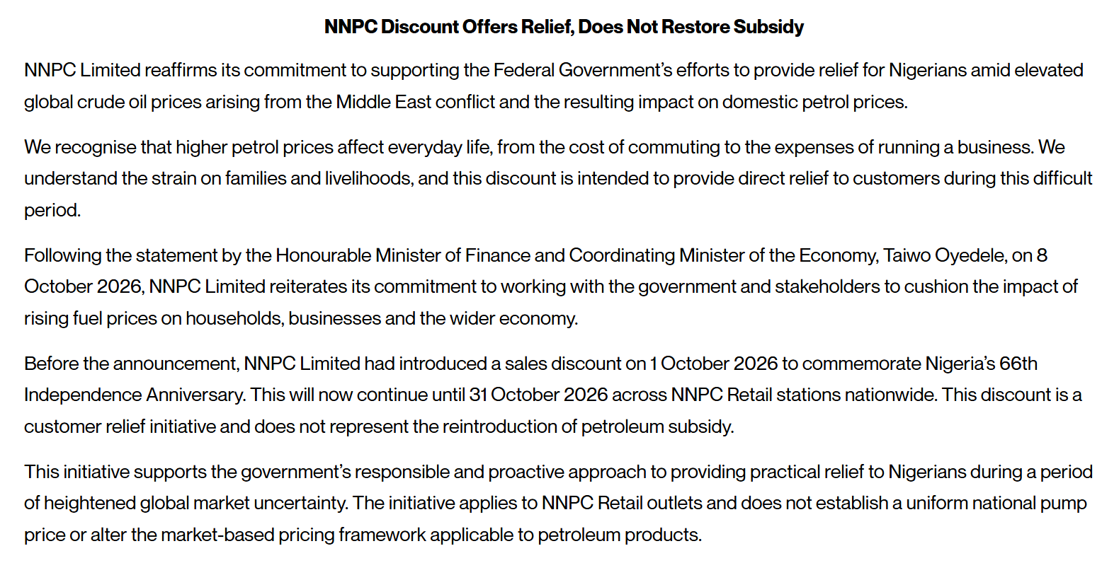 NNPC press release of 9 October 2026: following the statement by Taiwo Oyedele on 8 October 2026; before the announcement NNPC had introduced a sales discount on 1 October 2026, which will now continue until 31 October 2026 across NNPC Retail stations nationwide; not a reintroduction of subsidy