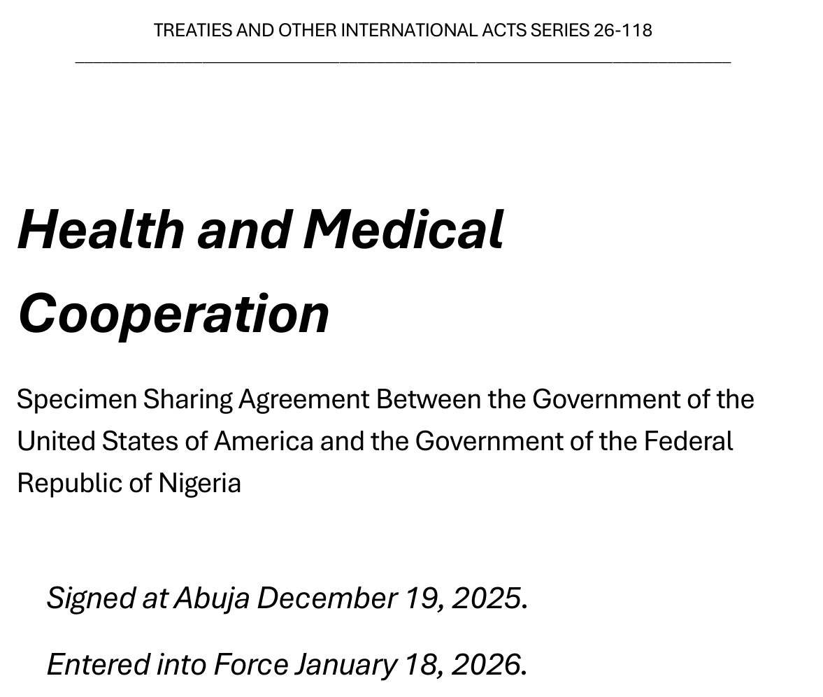 Cover of Treaties and Other International Acts Series 26-118: Specimen Sharing Agreement between the United States and Nigeria, signed at Abuja December 19, 2025, entered into force January 18, 2026