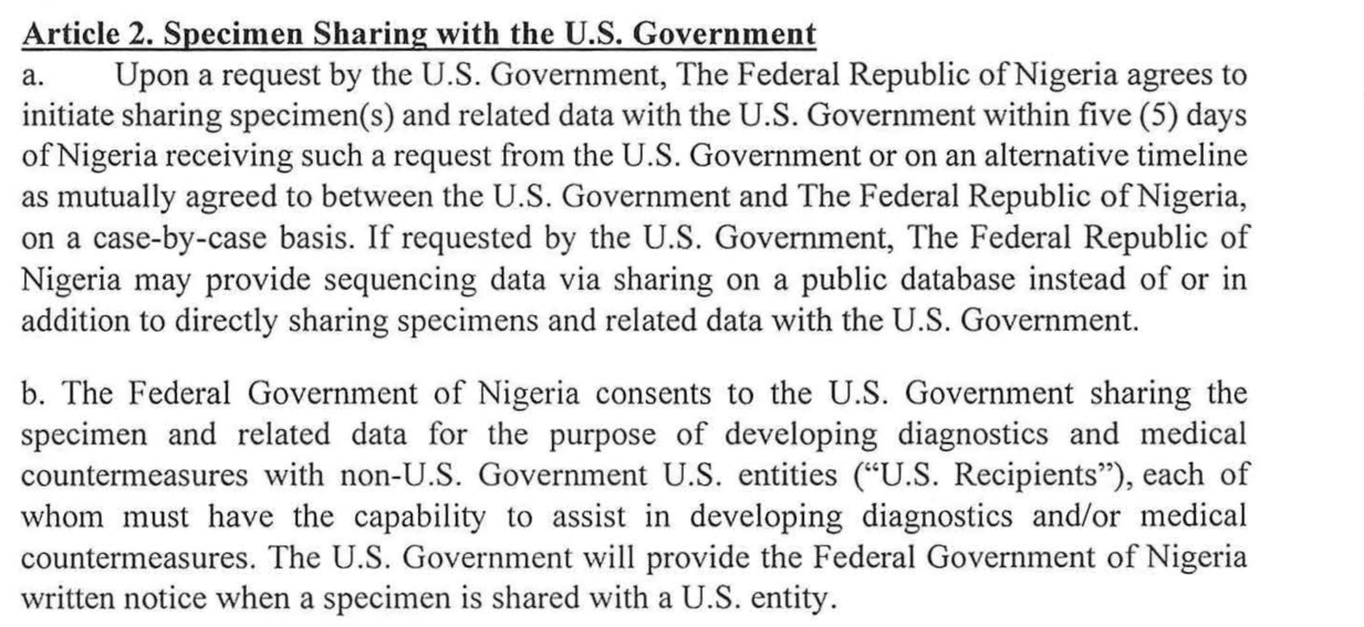 Article 2 of the specimen agreement: Nigeria agrees to initiate sharing specimens and related data within five days of a US request, and consents to their sharing with non-US Government US entities