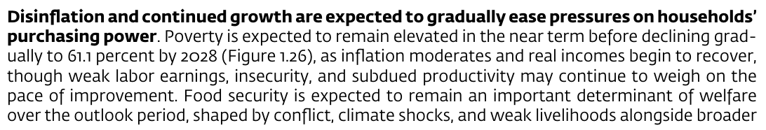 World Bank NDU text: poverty is expected to remain elevated in the near term before declining gradually to 61.1 percent by 2028 (Figure 1.26)
