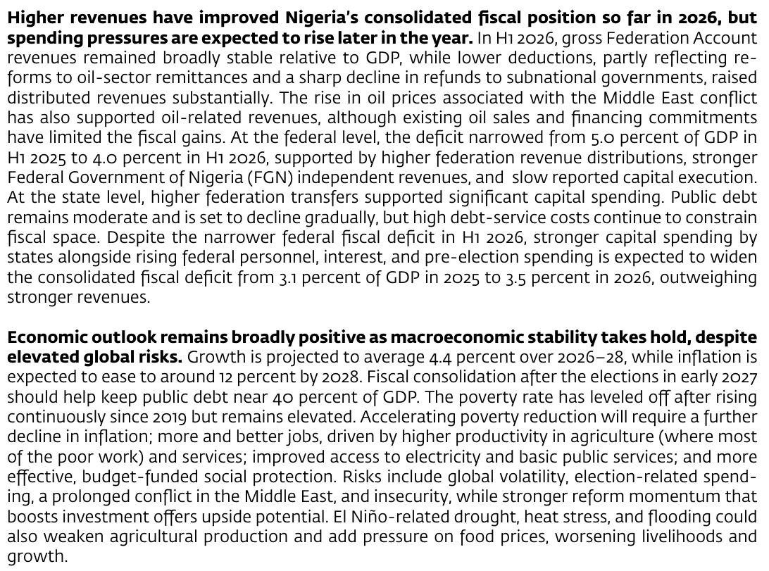 World Bank NDU executive summary: consolidated fiscal deficit expected to widen from 3.1 percent of GDP in 2025 to 3.5 percent in 2026; growth projected to average 4.4 percent over 2026-28; inflation around 12 percent by 2028; poverty rate has leveled off after rising continuously since 2019 but remains elevated