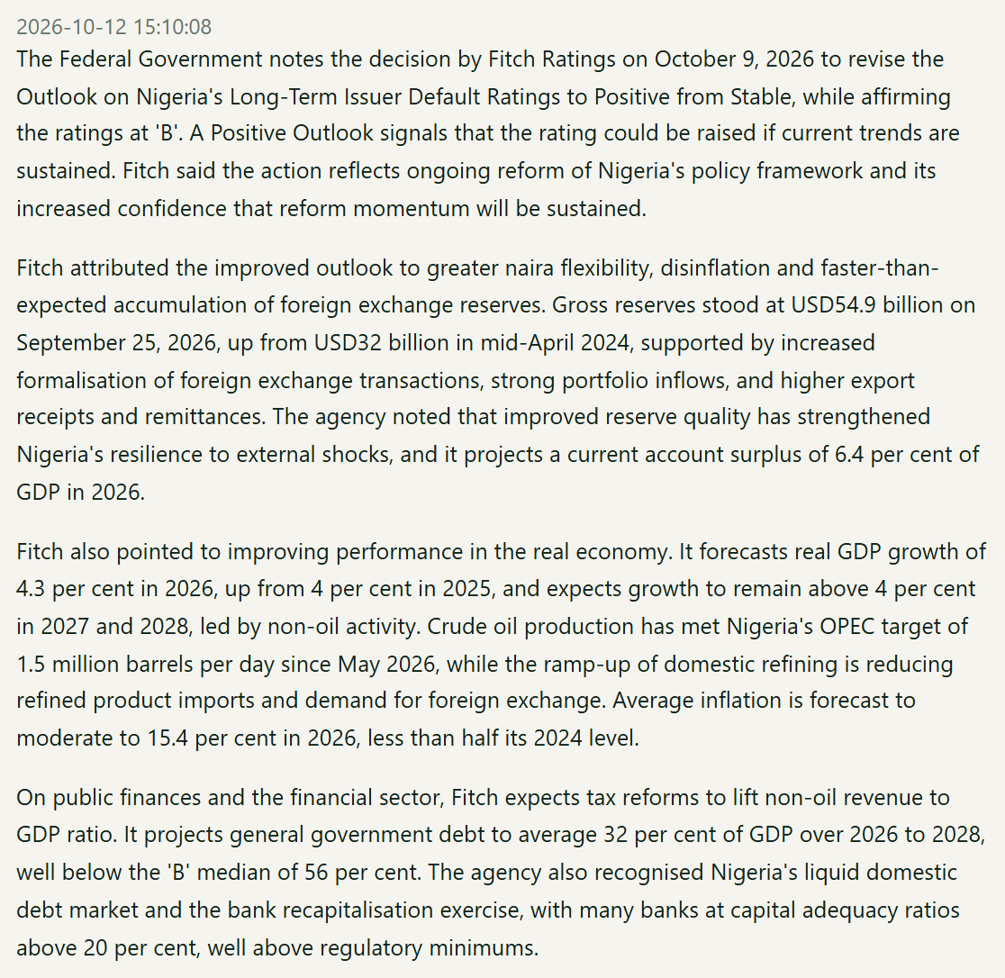 Federal Ministry of Finance statement, 12 October 2026: Fitch revised the Outlook to Positive while affirming 'B'; reserves USD54.9 billion; growth 4.3 per cent; inflation 15.4 per cent; general government debt to average 32 per cent of GDP over 2026 to 2028, below the 'B' median of 56 per cent