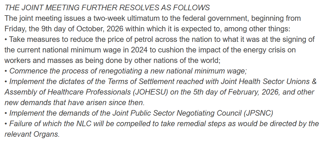 NLC communiqué: two-week ultimatum beginning Friday 9 October 2026 to reduce the petrol price to its 2024 level, commence renegotiating a new national minimum wage, implement the JOHESU Terms of Settlement of 5 February 2026 and the JPSNC demands, failing which the NLC will take remedial steps