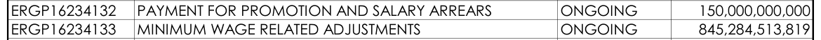2026 Appropriation Act, Service Wide Vote: ERGP16234132 Payment for promotion and salary arrears, N150,000,000,000; ERGP16234133 Minimum wage related adjustments, N845,284,513,819