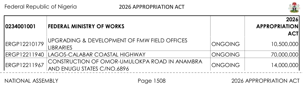 2026 Appropriation Act, Federal Ministry of Works 0234001001, page 1508: ERGP12211940 Lagos-Calabar Coastal Highway, ongoing, 70,000,000