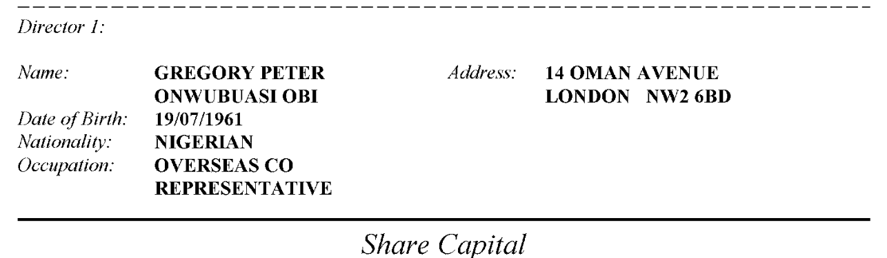 Annual return made up to 16 May 2006, officers section: Director 1, Gregory Peter Onwubuasi Obi, occupation Overseas Co Representative, followed directly by the share capital heading, with no second director