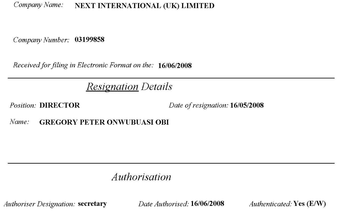Form 288b received 16/06/2008: position Director, date of resignation 16/05/2008, Gregory Peter Onwubuasi Obi, authorised by secretary on 16/06/2008