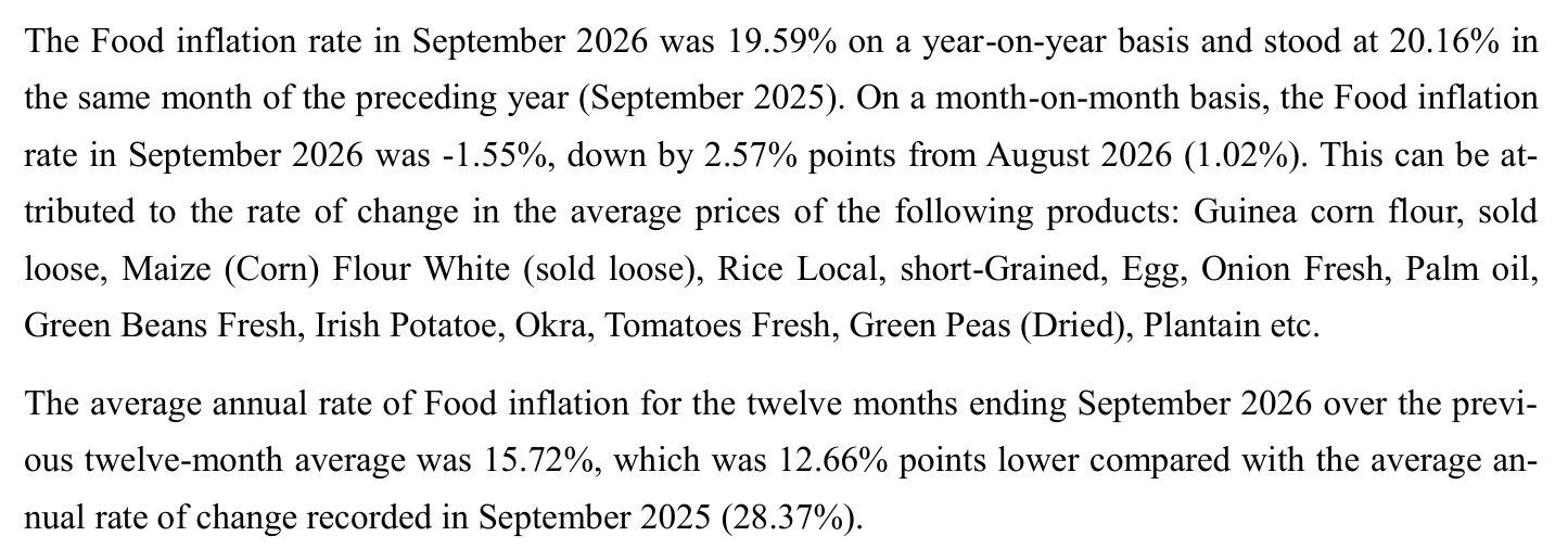 NBS September 2026 CPI report, page 10: food inflation 19.59% year on year; month on month minus 1.55%, down 2.57 points from 1.02% in August, attributed to prices of guinea corn flour, maize flour, local rice, eggs, onions, palm oil and other items