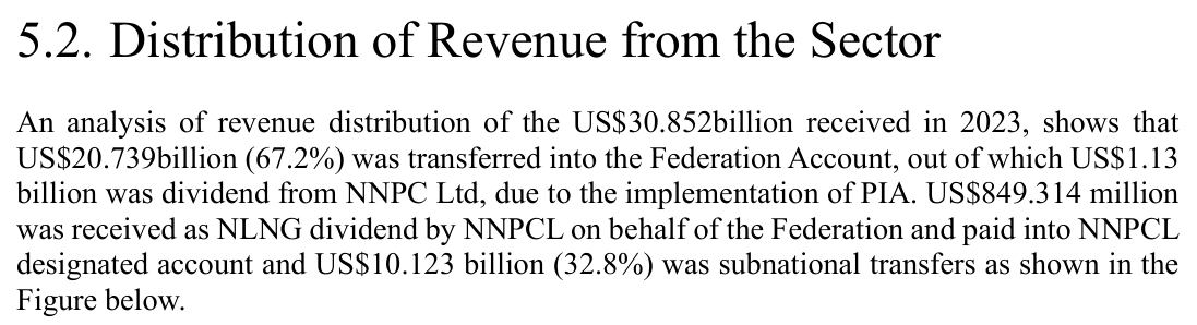 NEITI section 5.2: US$20.739 billion of 2023 revenue was transferred into the Federation Account; US$849.314 million was received as NLNG dividend by NNPCL on behalf of the Federation and paid into NNPCL designated account