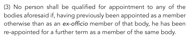 Constitution section 156(3): no person is qualified for appointment to any of the bodies if, having previously been appointed as a member, he has been re-appointed for a further term as a member of the same body