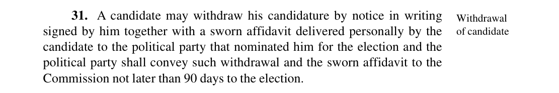 Section 31 of the Electoral Act 2026: a candidate may withdraw by written notice and sworn affidavit delivered personally to his party, which shall convey it to the Commission not later than 90 days to the election