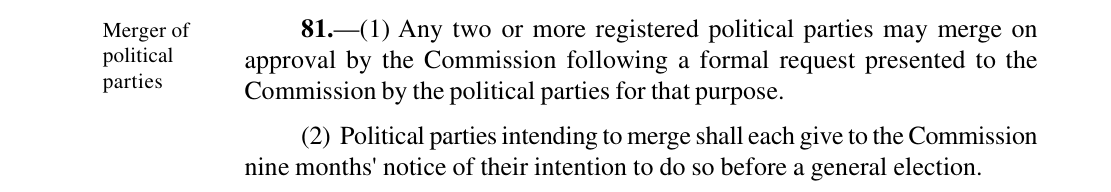 Section 81(1) and (2) of the Electoral Act 2026: parties may merge on INEC's approval, and parties intending to merge shall each give the Commission nine months' notice before a general election