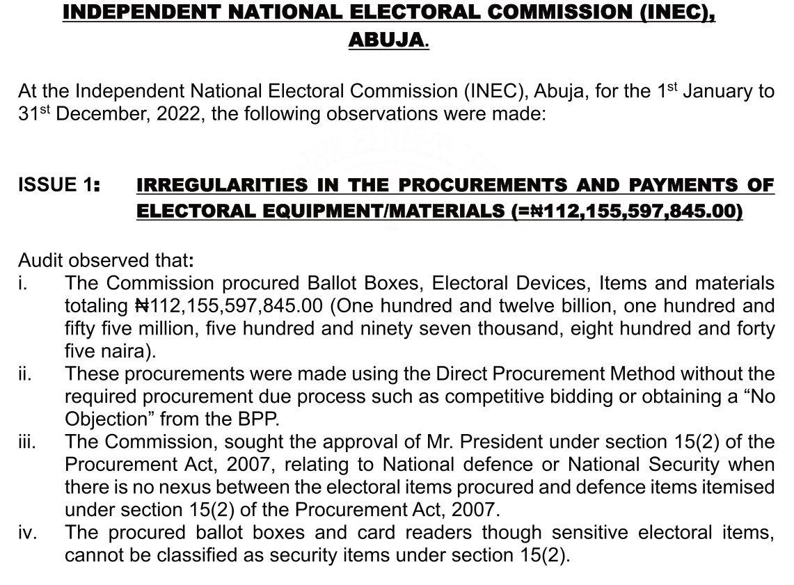Auditor-General's 2023 report, INEC section for 1 January to 31 December 2022, Issue 1 of N112,155,597,845.00: procurement by the Direct Procurement Method without competitive bidding or a No Objection from the BPP; approval of the President sought under section 15(2) of the Procurement Act although ballot boxes and card readers cannot be classified as security items