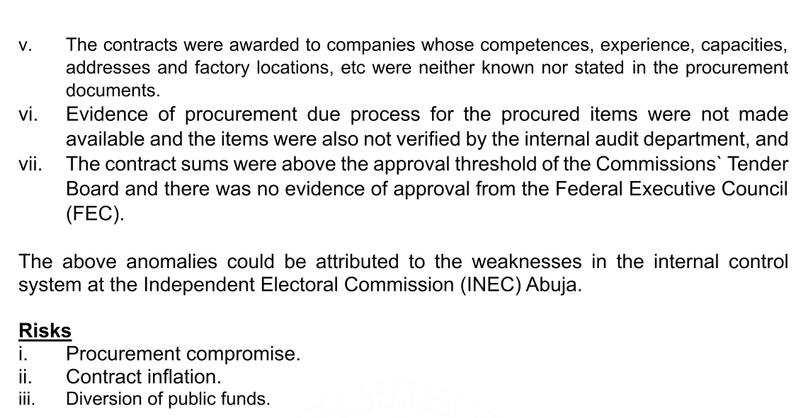 Auditor-General's 2023 report, Issue 1 continued: evidence of procurement due process for the procured items was not made available and the items were not verified by the internal audit department; no evidence of Federal Executive Council approval; risks listed as procurement compromise, contract inflation and diversion of public funds