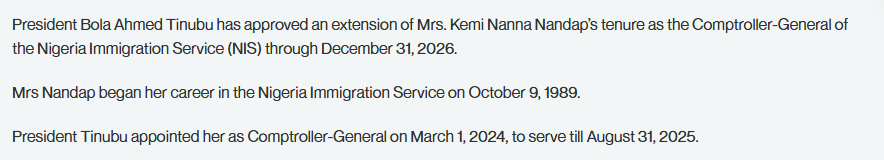 State House statement of 31 March 2025: Nandap's tenure extended through December 31, 2026; she began her career in the Nigeria Immigration Service on October 9, 1989; appointed Comptroller-General on March 1, 2024 to serve till August 31, 2025
