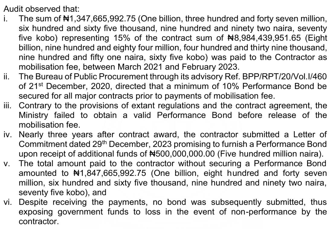 Audit text: N1,347,665,992.75, 15% of the contract sum of N8,984,439,951.65, paid as mobilisation fee between March 2021 and February 2023 without a valid performance bond; total paid without a bond N1,847,665,992.75