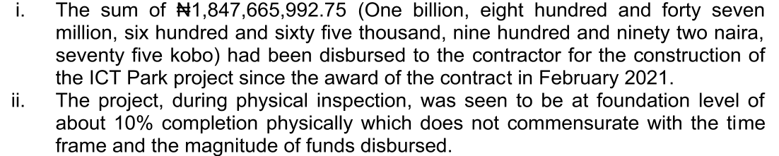 Audit text: N1,847,665,992.75 disbursed to the contractor since the award in February 2021; the project seen at foundation level of about 10% completion