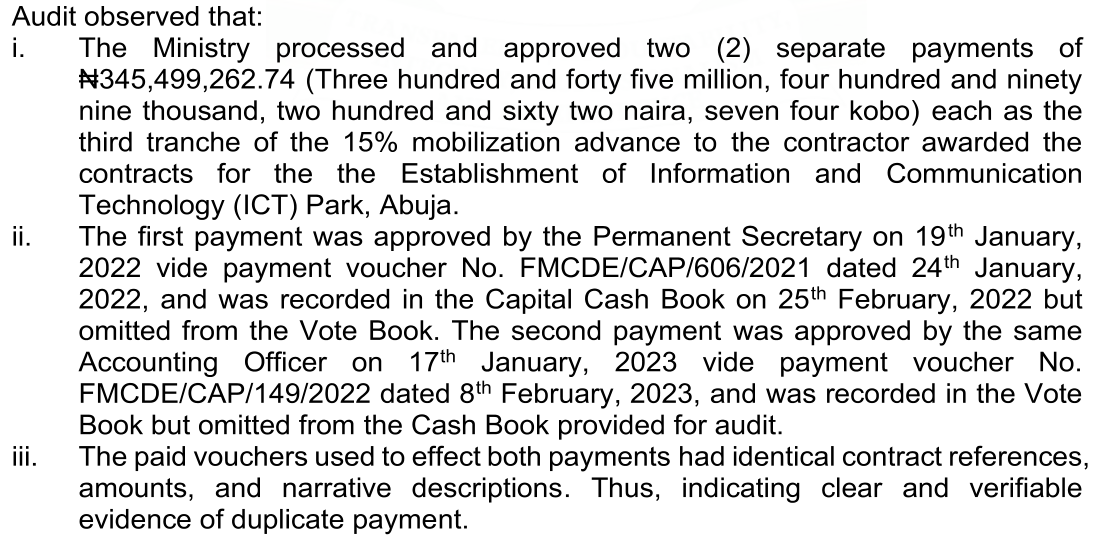 Audit text: two separate payments of N345,499,262.74 each as the third mobilisation tranche, vouchers FMCDE/CAP/606/2021 of 24 January 2022 and FMCDE/CAP/149/2022 of 8 February 2023, with identical references, amounts and descriptions