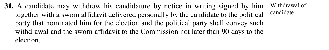 Electoral Act 2026, section 31: a candidate's withdrawal and sworn affidavit must be conveyed to the Commission not later than 90 days to the election