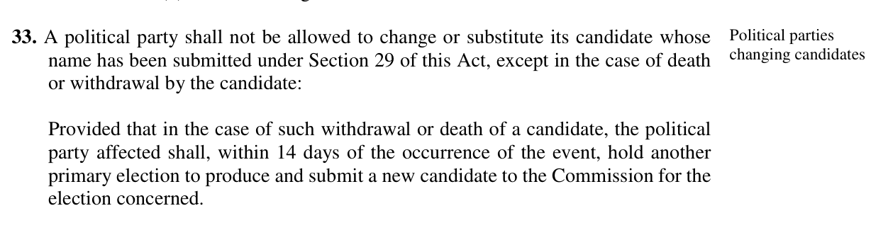 Electoral Act 2026, section 33: a party shall not change or substitute its candidate except in the case of death or withdrawal by the candidate