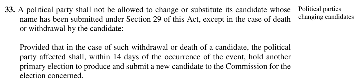 Electoral Act 2026, section 33: a party shall not change or substitute its candidate except in the case of death or withdrawal by the candidate, and must hold another primary within 14 days of such an event