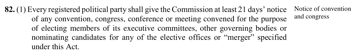 Electoral Act 2026, section 82(1): every party shall give the Commission at least 21 days' notice of any convention, congress, conference or meeting for nominating candidates