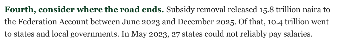 Speech text: Subsidy removal released 15.8 trillion naira to the Federation Account between June 2023 and December 2025. Of that, 10.4 trillion went to states and local governments.