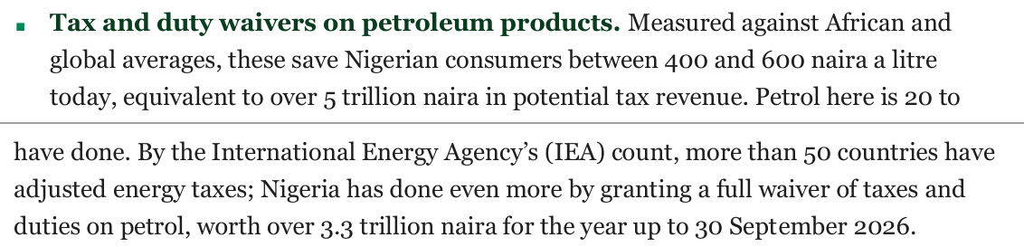 Two passages of the speech: waivers save consumers between 400 and 600 naira a litre, equivalent to over 5 trillion naira in potential tax revenue (p.4); a full waiver of taxes and duties on petrol worth over 3.3 trillion naira for the year up to 30 September 2026 (p.5)