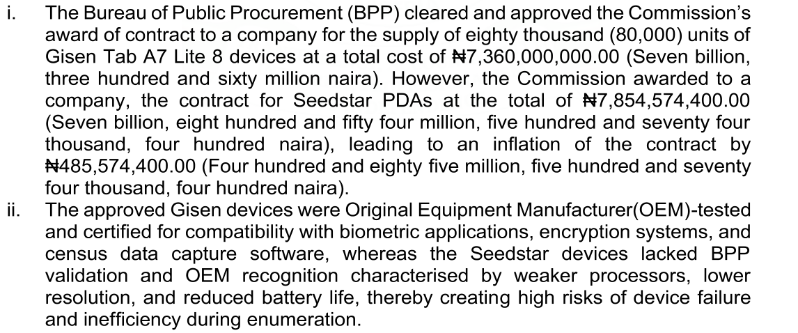 Audit text: BPP approved 80,000 Gisen devices at N7,360,000,000.00; Commission awarded Seedstar PDAs at N7,854,574,400.00, stated as an inflation of N485,574,400.00; Seedstar devices lacked BPP validation