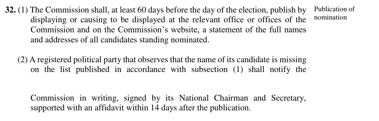 Section 32(1) and (2) of the Electoral Act 2026: a party whose candidate is missing must notify INEC in writing, signed by its National Chairman and Secretary, with an affidavit, within 14 days