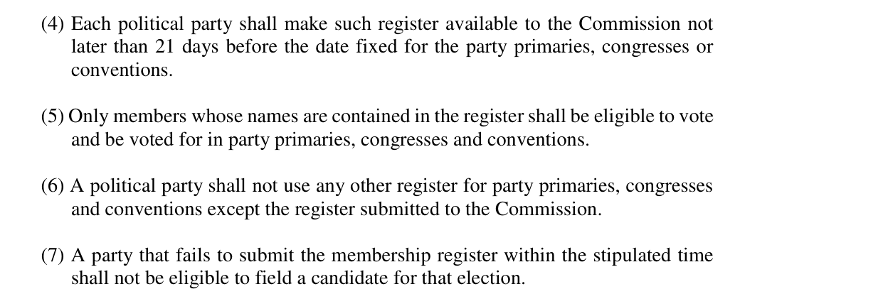 Section 77(4) to (7) of the Electoral Act 2026: register due 21 days before primaries; only members on it may vote or be voted for; a party that misses the deadline cannot field a candidate