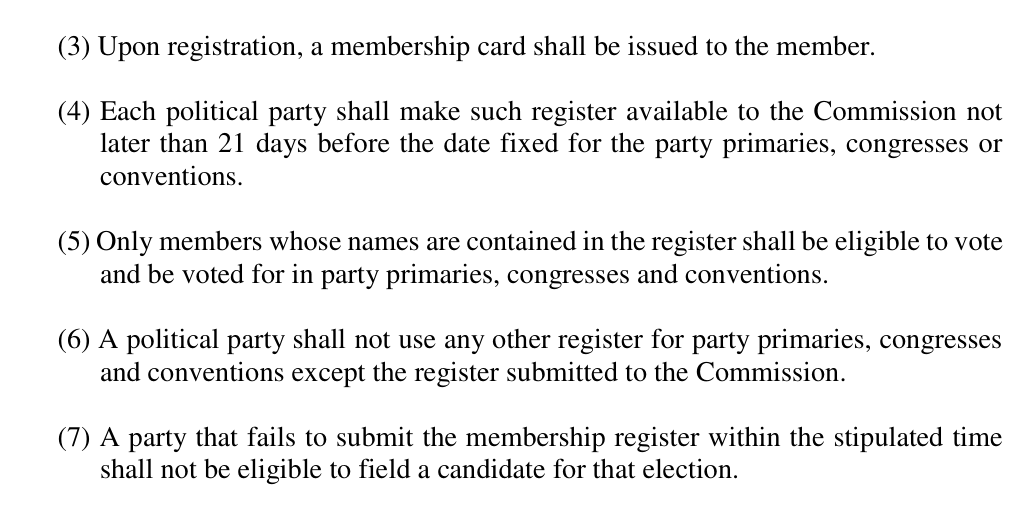 Section 77(3) to (7) of the Electoral Act 2026: register due 21 days before primaries, congresses or conventions; only members on it may vote or be voted for; no other register may be used