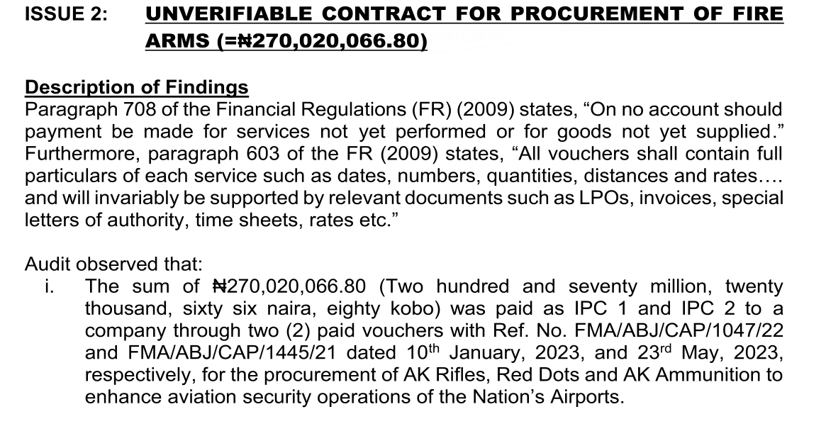 Audit text, Issue 2: N270,020,066.80 paid as IPC 1 and IPC 2 through vouchers FMA/ABJ/CAP/1047/22 and FMA/ABJ/CAP/1445/21 dated 10 January and 23 May 2023 for AK rifles, red dots and AK ammunition for airport security